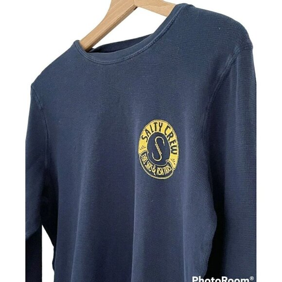 Salty Crew Men's Sz M Blue Thermal Sailor Fisherman Shirt Yellow Logo - Picture 2 of 6
